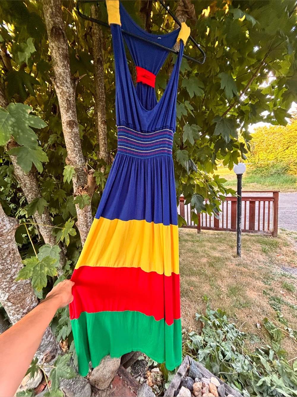 Vintage 70’s/80’s Women’s Rainbow Colorblock Maxi Dress. Stretchy Fit S-M